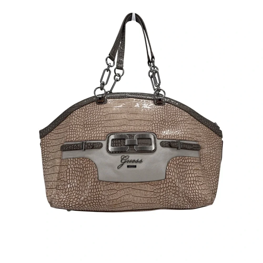 Guess Satchel Handbag Taupe Croc Embossed Chain Strap Zipper Pocket